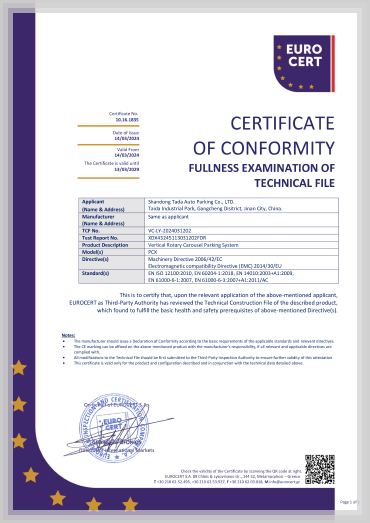 Tada CE certification for rotary parking