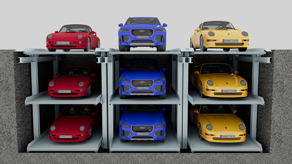 Pit triple car stacker front view Front view of triple car stacker parking lift image